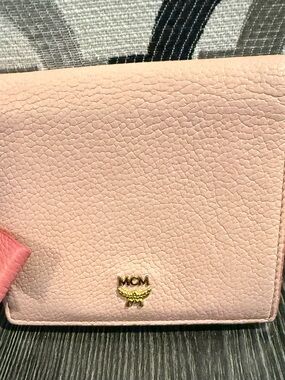 MCM Pink Leather Wallet with Gold Logo and pink bow charm